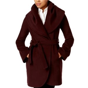 Tahari Wool Marla Merlot Belted Coat